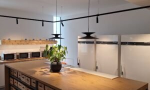 Office, Sozialraum mit 3PH Stromschiene mit MAMAN R TRC und Pendelleuchten MOONLIGHT Z von CHORS®